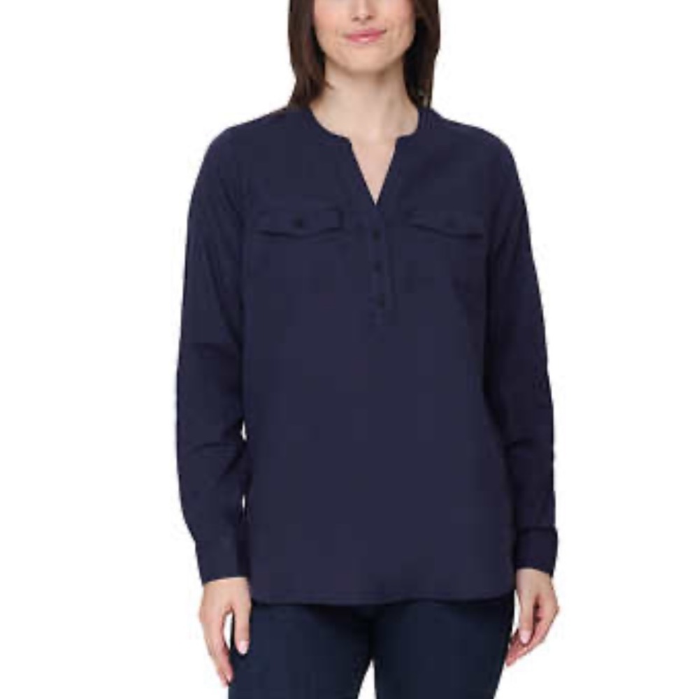 🌸2/$12🌸 Tahari Roll Tab Shirt Blue Linen Blend Size Small
